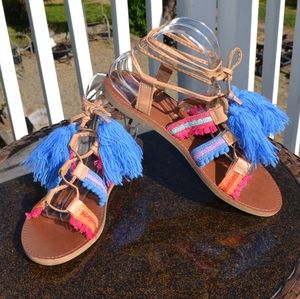 Bright and Cheerful Woven Gladiator Style Sandals With Bright Blue Puffy Tassles